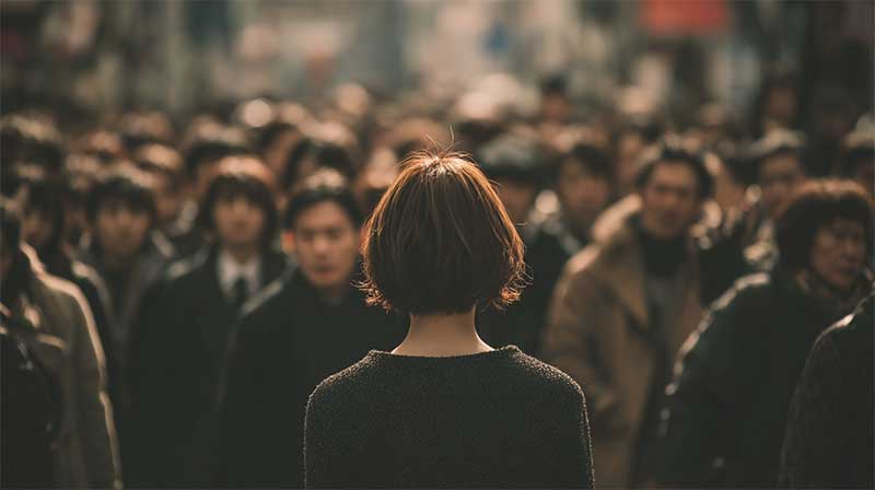 寂しさとインナーチャイルドホメオパシー たくさんの人を見ている女性の後ろ姿