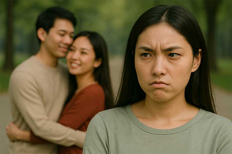 嫉妬している女性と向こうにカップルがいる