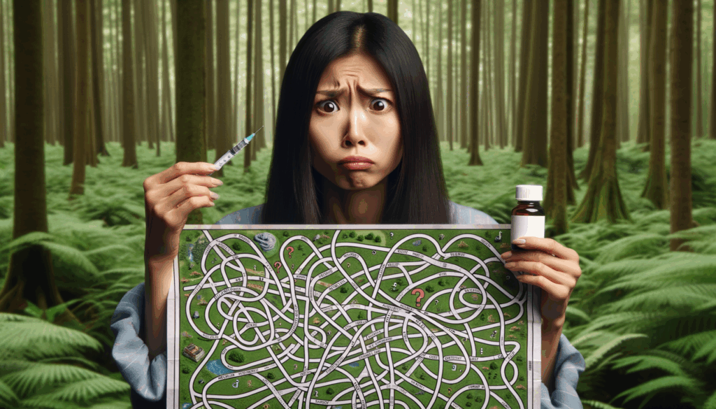 花粉症 レメディ ホメオパシー 森の中で混乱した迷路をもって悩む女性