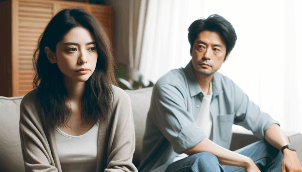 ホメオパシー 生理痛 夫婦が不満に思ってソファの前に座っている