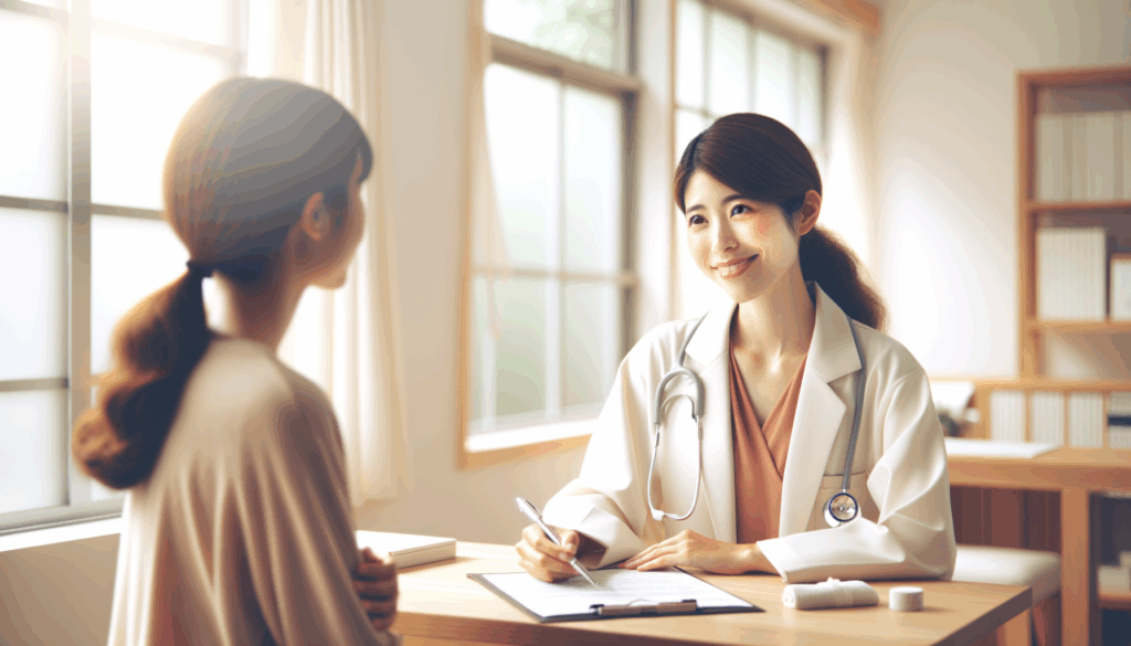 ホメオパシー 生理痛 病院で診察を受けている女性