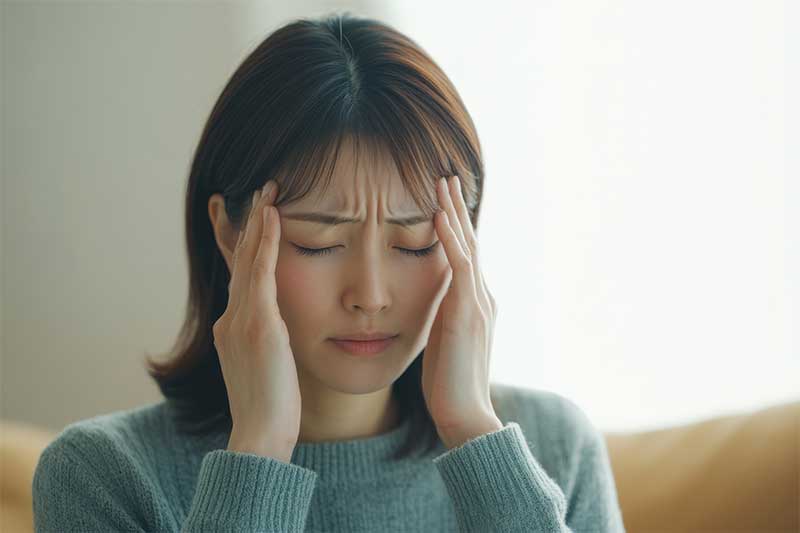 痛みに苦しむ女性 頭痛が痛い女性
