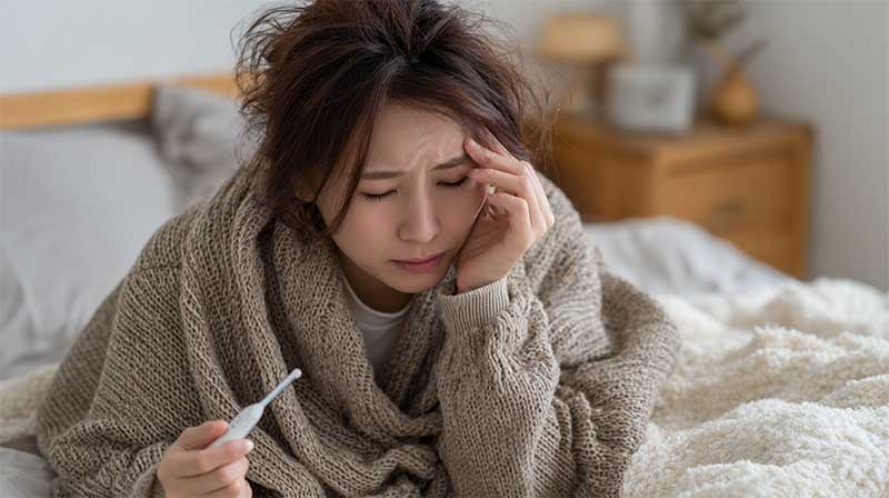 インフルエンザにかかった女性 頭痛があって熱があり頭に手をあて体温計を持っている女性
