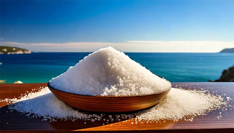 ホメオパシー レメディー ナトルム ネイチュミュア Nat-m 海を背景に海の塩が器に盛られている