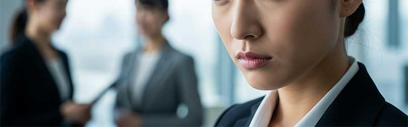 疎外感を感じている女性とおくに会社の人がいる