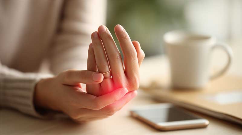 ホメオパシー 更年期 関節痛 机の上に出している女性の手、手の関節の痛み