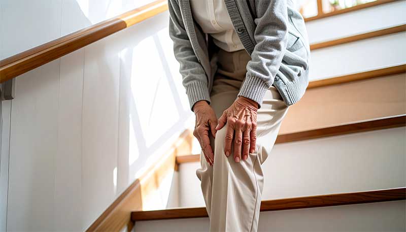 ホメオパシー 更年期 関節痛 階段を降りながら関節の痛みを気にする女性