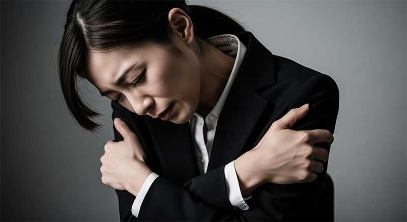 自分の肩を抱いて悲しむ女性