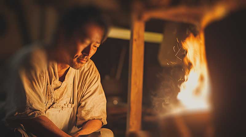 職人が炎の前で待っている