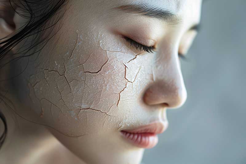 ほほが乾燥してひび割れている女性の横顔