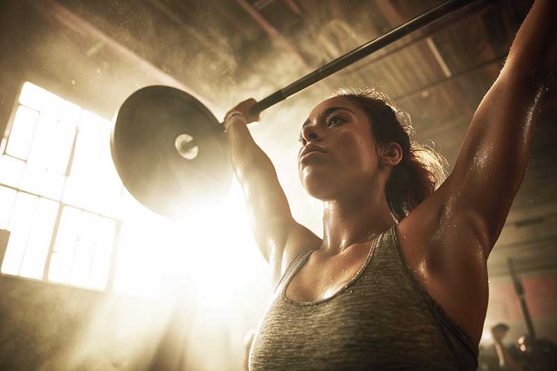 強そうな女性がダンベルをもちあげている