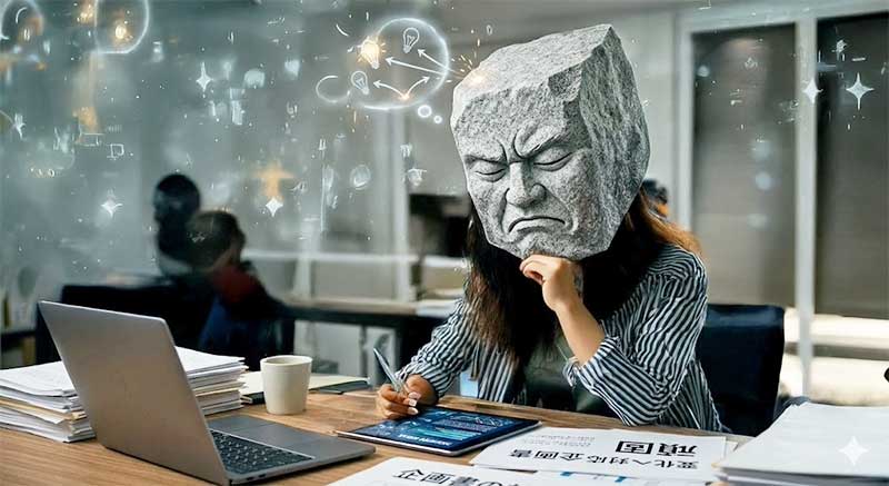 石頭で考えが固まって硬くなっている女性