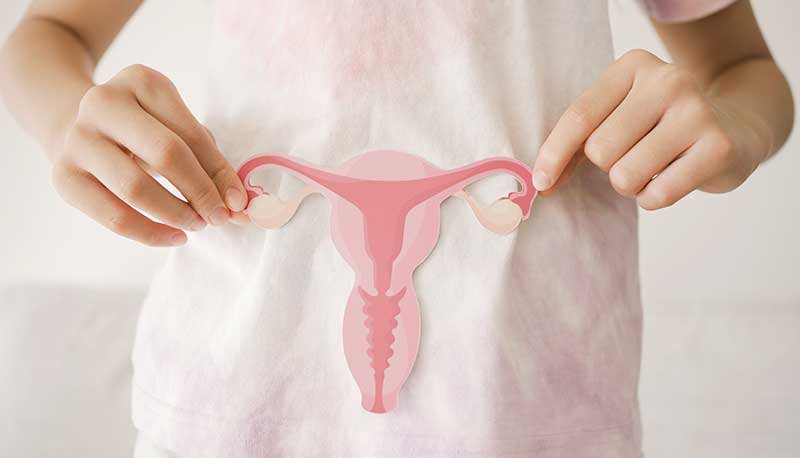 女性が子宮のあたりに子宮の図をもっている