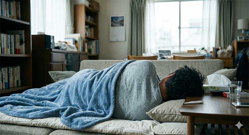 病気で不機嫌に背中を向けている男性