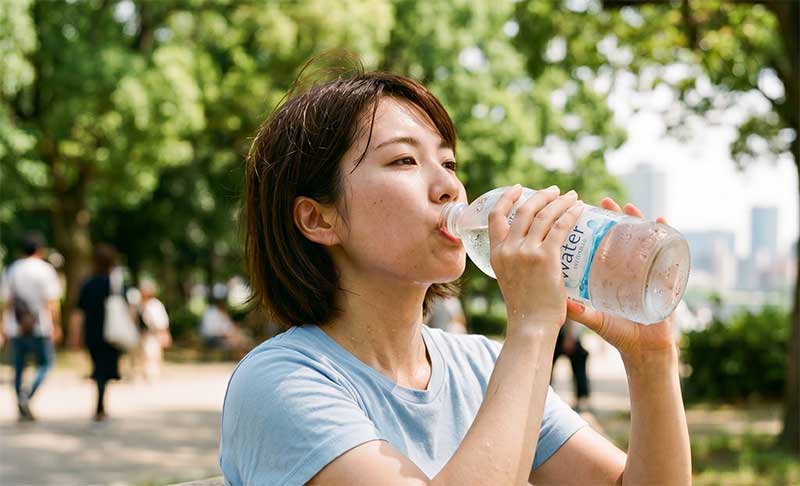 喉が乾いて水をごくごく飲んでいる女性