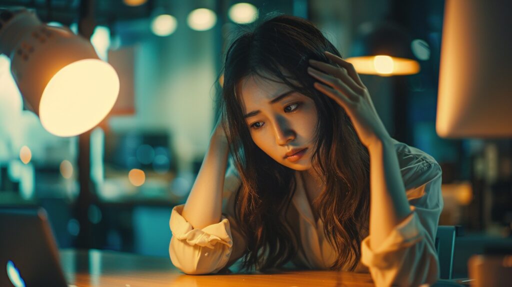 頭に手を当てて体調が悪そうな女性。検査で異常なしなのに不調が続く3つの原因