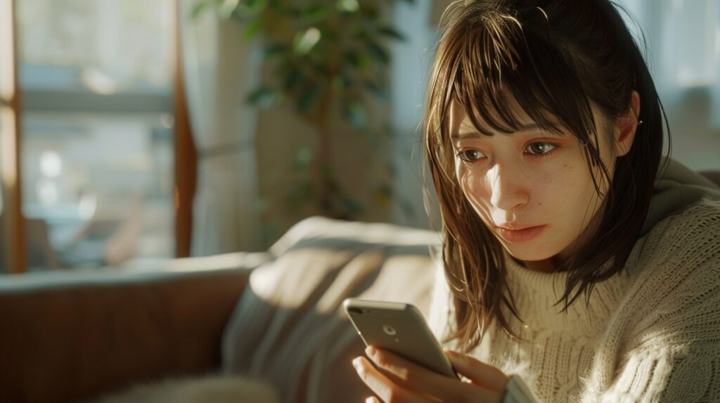 スマートフォンで病気について調べて不安になる女性。がんへの恐怖と自律神経失調症の体験談
