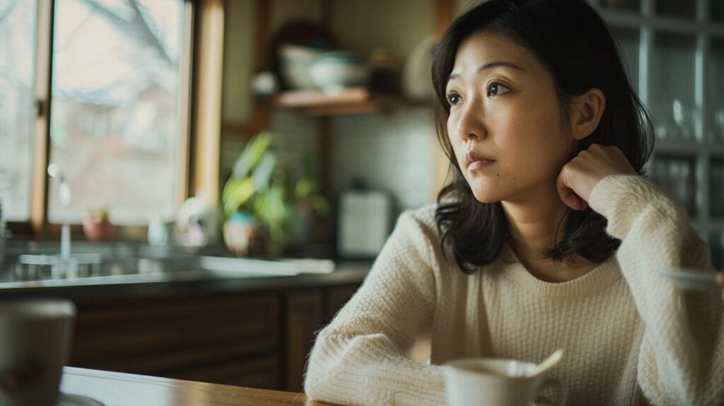 朝の台所で窓の外を見つめる女性。検査で異常なしでも不調が続くイメージ