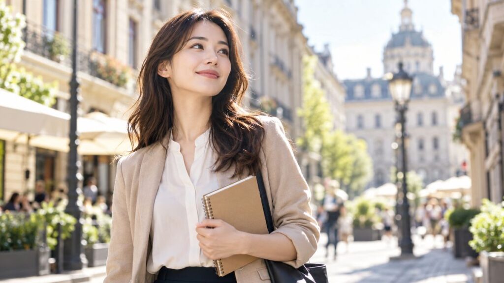 海外の街で前を向いて微笑む若い女性。がんが怖くて病院に行けなかった主婦の体験談